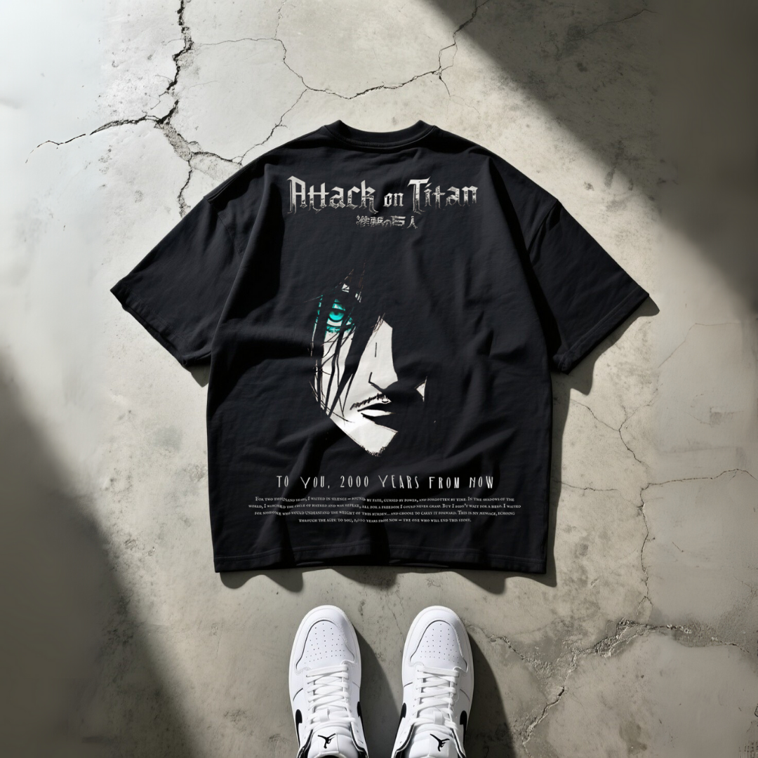 T-Shirt Oversize Heavyweight 240GSM – Eren Yeager Attack on Titan™ – 100% Coton Premium – Noir