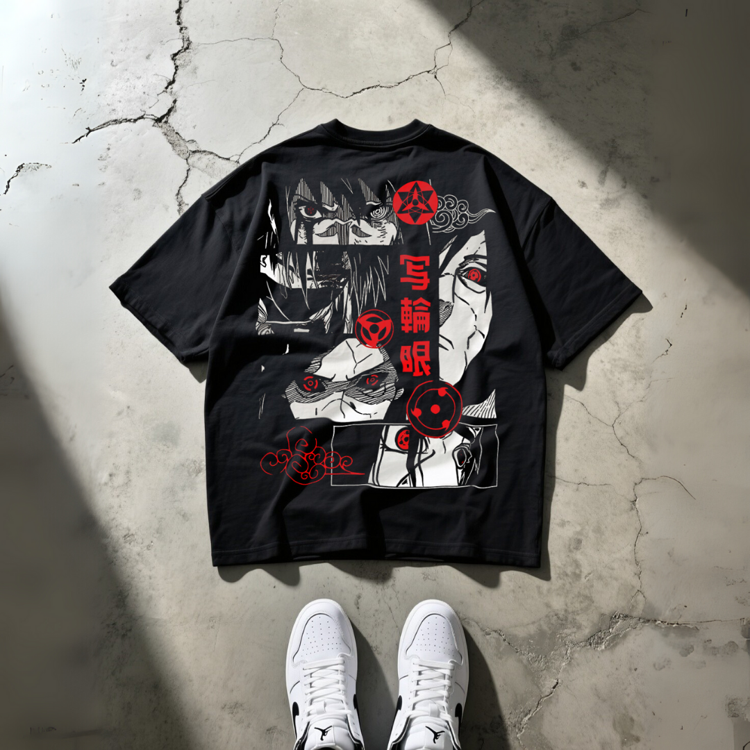 T-Shirt Oversize Heavyweight 240GSM – Clan Uchiha Naruto™ – 100% Coton Premium – Noir