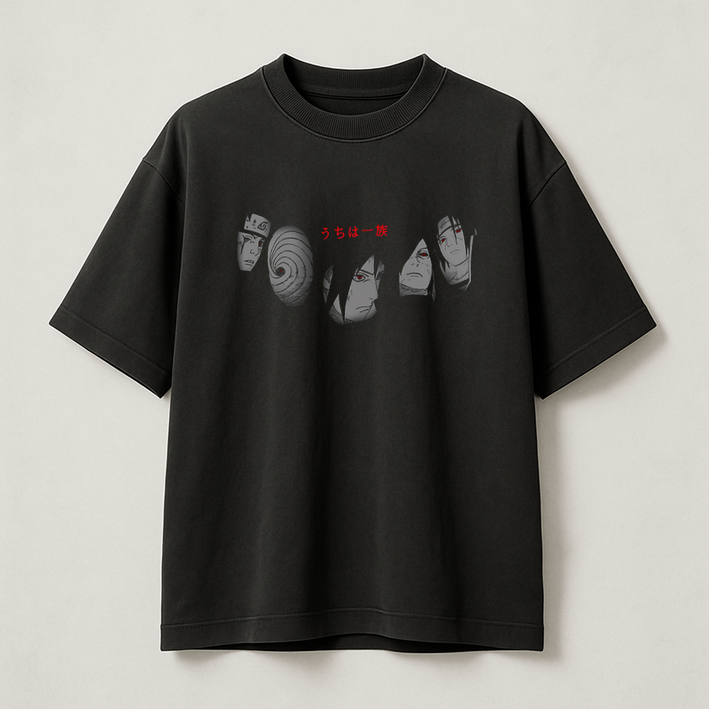 T-Shirt Oversize Heavyweight 240GSM – Clan Uchiha Naruto™ – 100% Coton Premium – Noir
